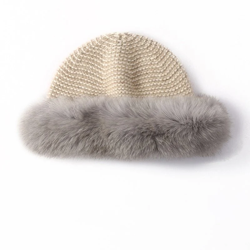 Gorro de punto de cachemira para mujer con ribete de piel auténtica Gorro de pescador de cachemira - Imagen 5