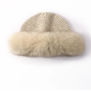 Gorro de punto de cachemira para mujer con ribete de piel auténtica Gorro de pescador de cachemira
