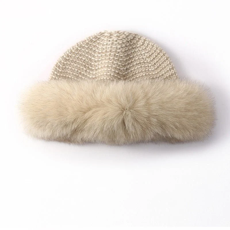 Gorro de punto de cachemira para mujer con ribete de piel auténtica Gorro de pescador de cachemira