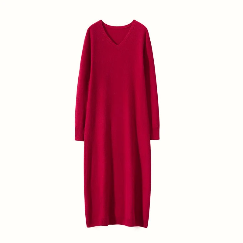 Vestido midi de punto de cachemira para mujer Vestido de cachemira de manga larga con cuello en V - Imagen 8