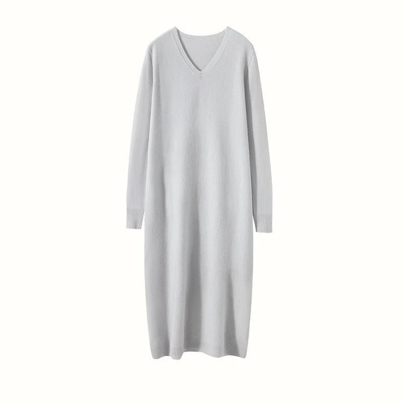 Vestido midi de punto de cachemira para mujer Vestido de cachemira de manga larga con cuello en V - Imagen 7