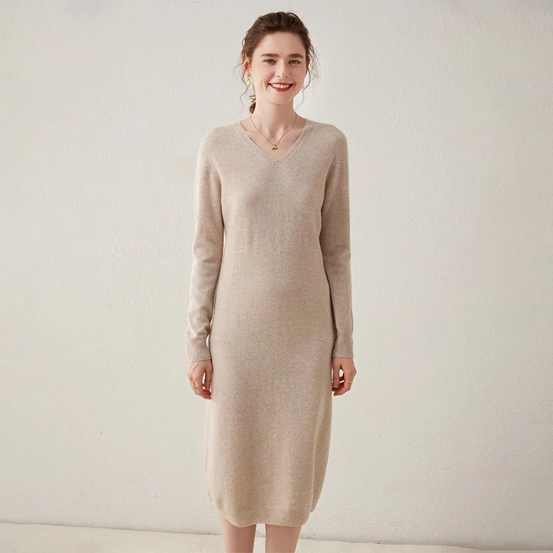 Vestido midi de punto de cachemira para mujer Vestido de cachemira de manga larga con cuello en V - Imagen 5