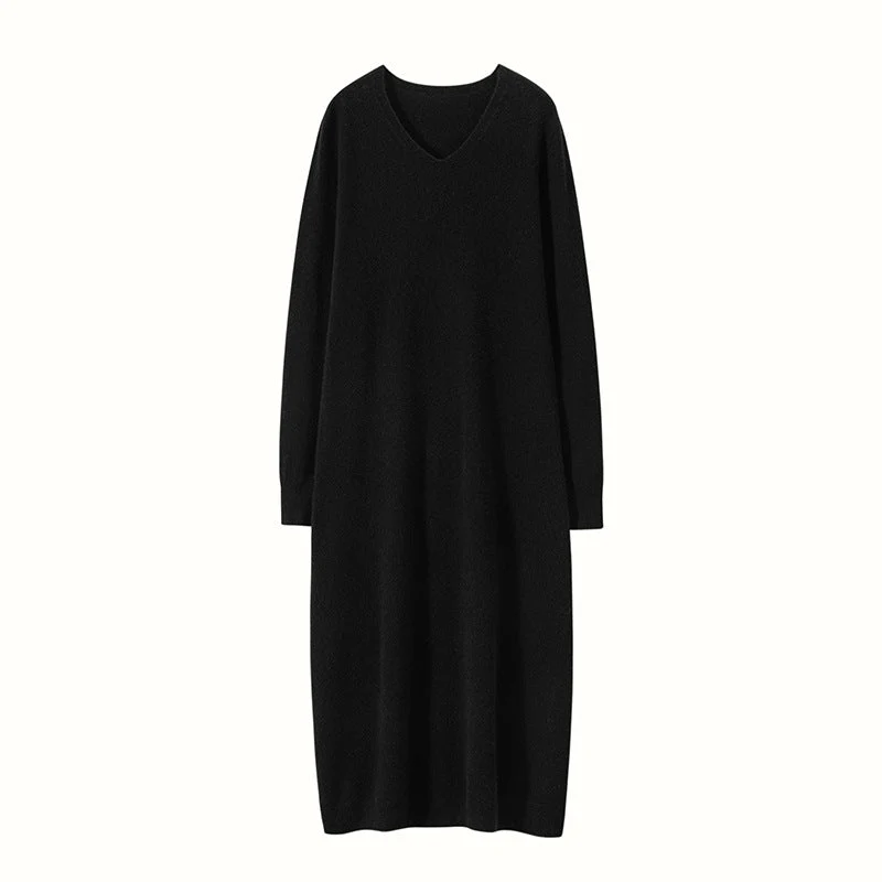 Vestido midi de punto de cachemira para mujer Vestido de cachemira de manga larga con cuello en V - Imagen 6