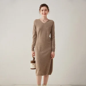Vestido midi de punto de cachemira para mujer Vestido de cachemira de manga larga con cuello en V