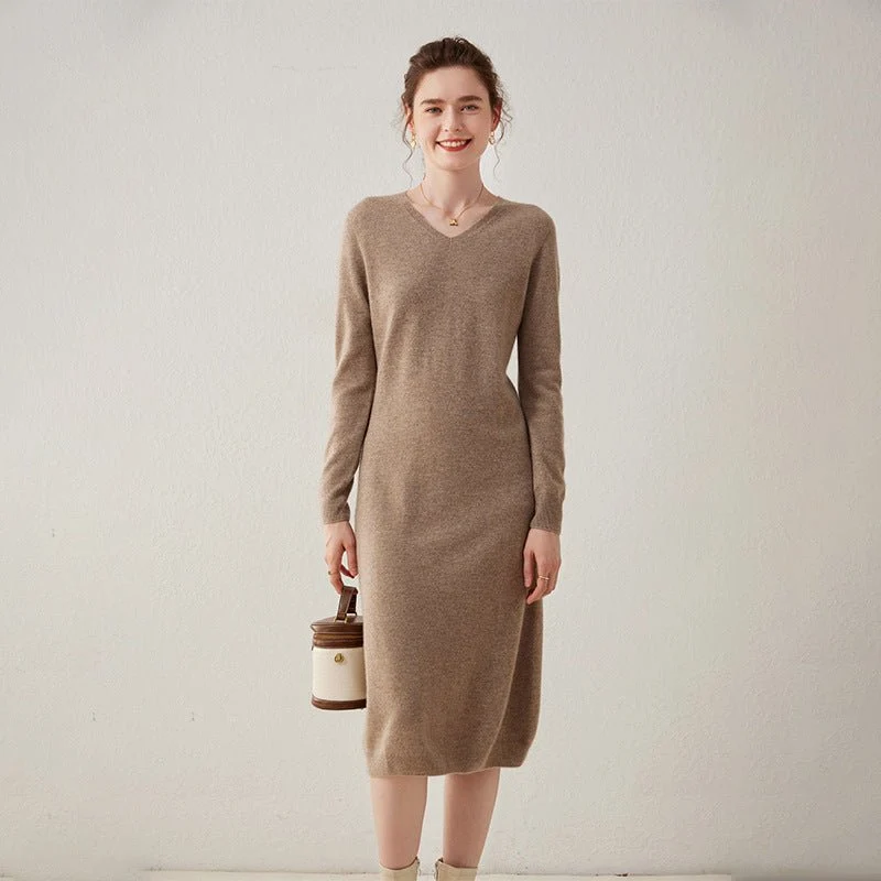 Vestido midi de punto de cachemira para mujer Vestido de cachemira de manga larga con cuello en V - Imagen 2