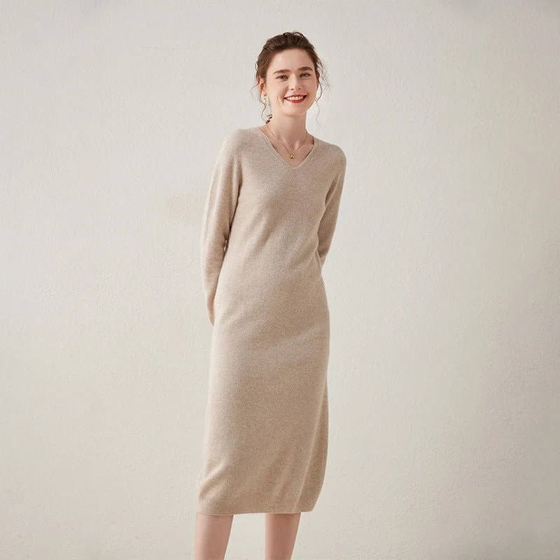 Vestido midi de punto de cachemira para mujer Vestido de cachemira de manga larga con cuello en V - Imagen 4