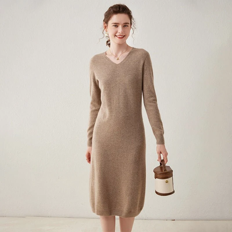 Vestido midi de punto de cachemira para mujer Vestido de cachemira de manga larga con cuello en V - Imagen 3