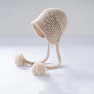 Gorro con pompón de punto de cachemira para mujer con lazos Gorro lindo de cachemira