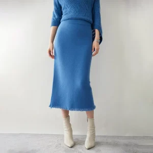 Falda midi de punto de cachemir para mujer con dobladillo deshilachado