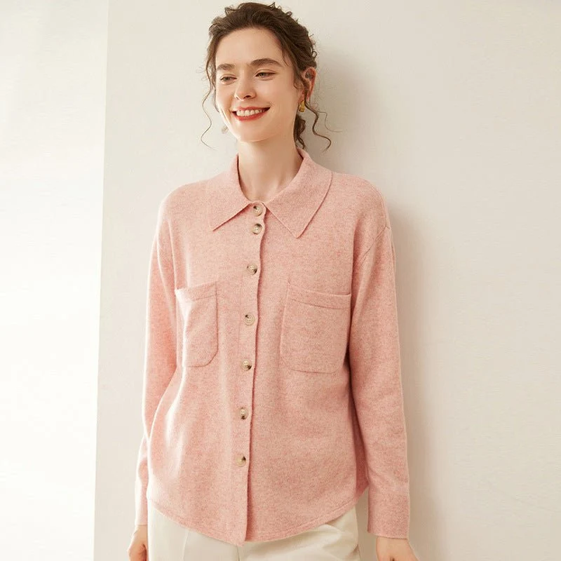 Camisa de cachemira para mujer Cárdigan de cachemira Suéter con cuello abotonado - Imagen 6