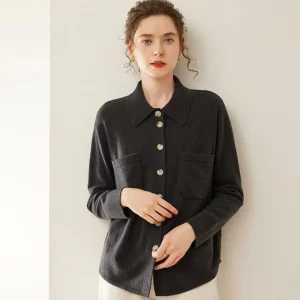 Camisa de cachemira para mujer Cárdigan de cachemira Suéter con cuello abotonado