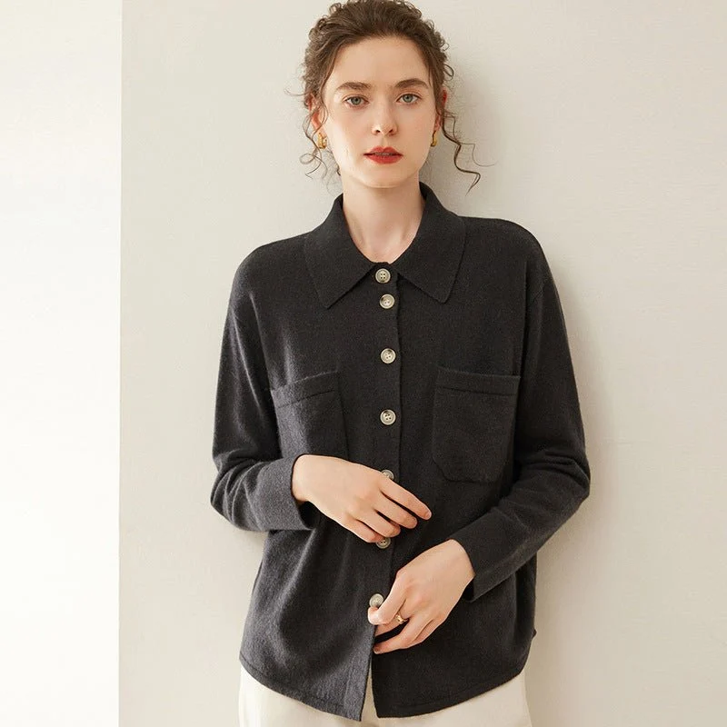 Camisa de cachemira para mujer Cárdigan de cachemira Suéter con cuello abotonado