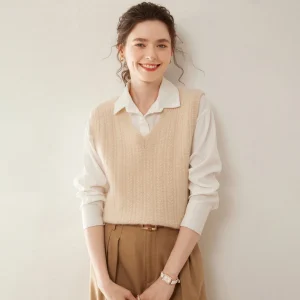 Womens Cashmere Sweater Cashmere Vest V Neck Cable Knit Sleeveless Pullover