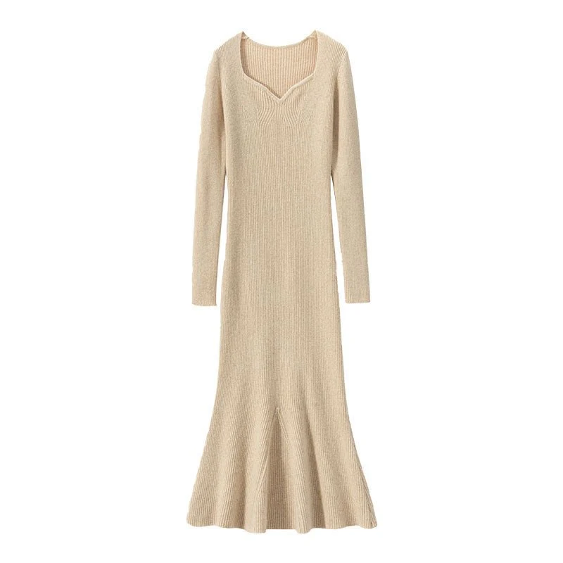 Vestido tipo suéter de cachemira para mujer Vestido midi de cachemira de punto acanalado de manga larga - Imagen 6
