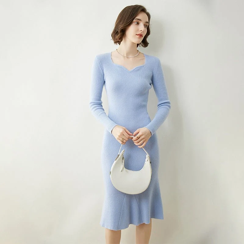 Vestido tipo suéter de cachemira para mujer Vestido midi de cachemira de punto acanalado de manga larga - Imagen 7