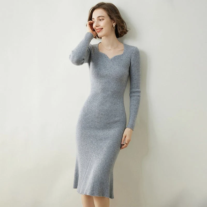 Vestido tipo suéter de cachemira para mujer Vestido midi de cachemira de punto acanalado de manga larga - Imagen 2