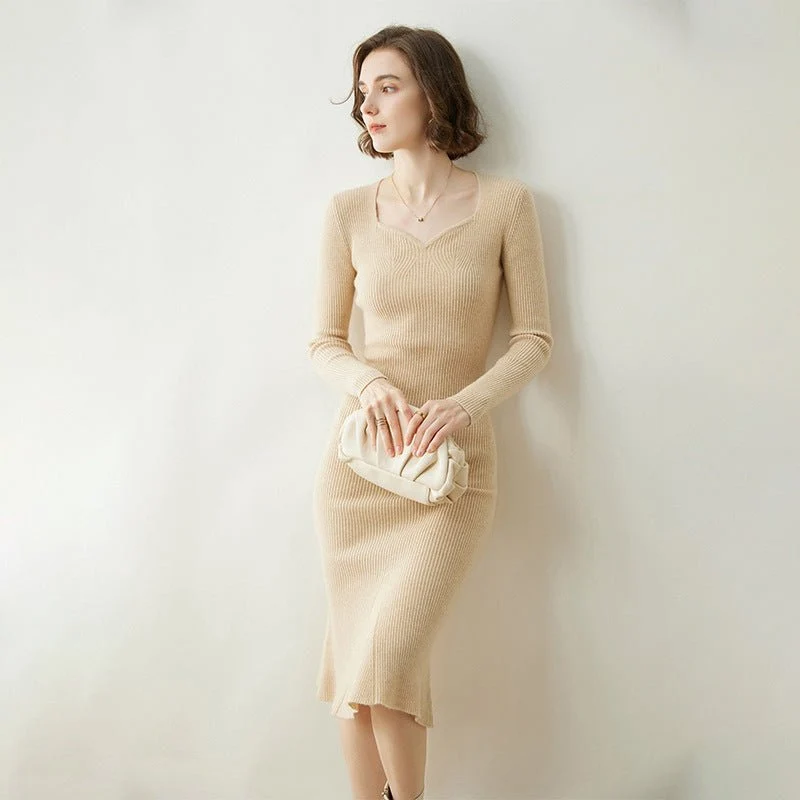 Vestido tipo suéter de cachemira para mujer Vestido midi de cachemira de punto acanalado de manga larga - Imagen 4