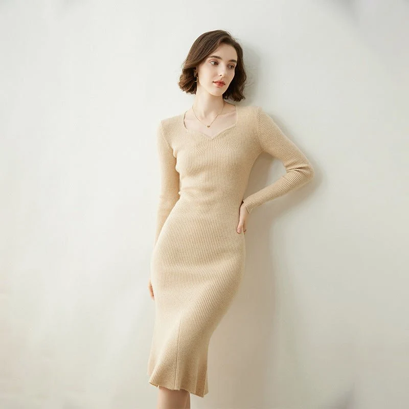Vestido tipo suéter de cachemira para mujer Vestido midi de cachemira de punto acanalado de manga larga - Imagen 5