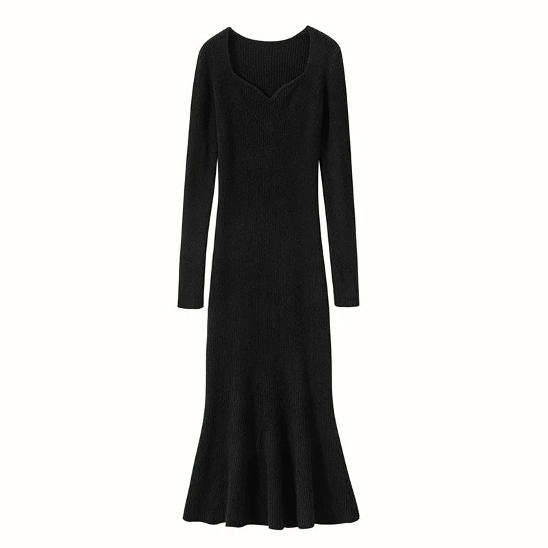 Vestido tipo suéter de cachemira para mujer Vestido midi de cachemira de punto acanalado de manga larga - Imagen 8