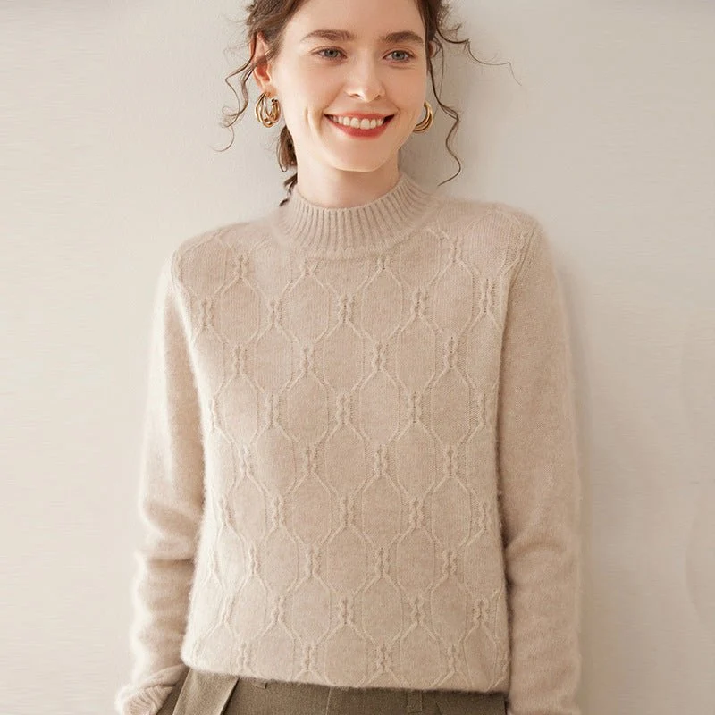 Suéter de cachemira para mujer Jersey de cachemira de punto texturizado de manga larga con cuello simulado - Imagen 6