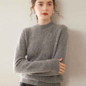 Suéter de cachemira para mujer Jersey de cachemira de punto texturizado de manga larga con cuello simulado