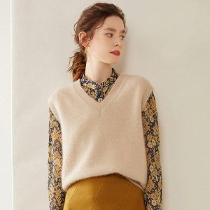 Suéter de cachemira para mujer Chaleco sin mangas Jersey de punto de cachemira Dobladillo acanalado