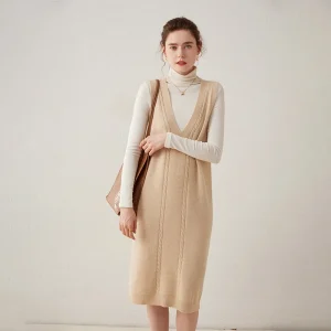 Vestido midi de cachemira sin mangas con cuello en V y punto trenzado para mujer