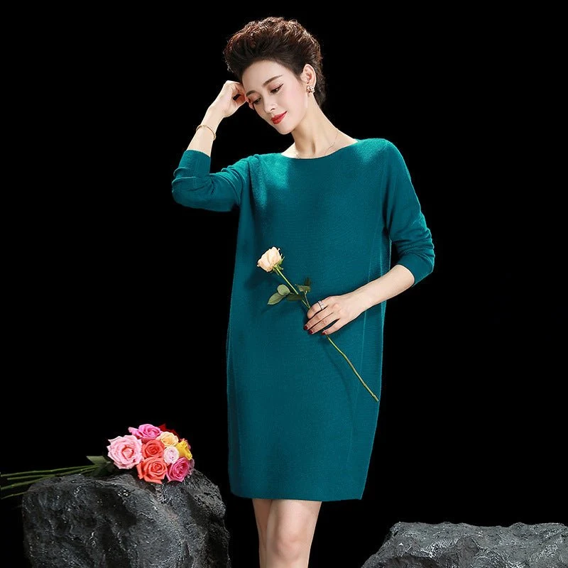 Vestido midi de punto de cachemira para mujer Vestido de cachemira de manga larga con cuello barco - Imagen 6