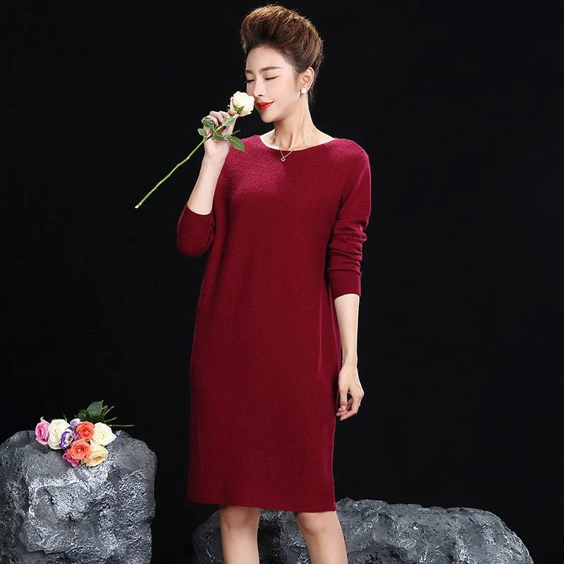 Vestido midi de punto de cachemira para mujer Vestido de cachemira de manga larga con cuello barco - Imagen 3
