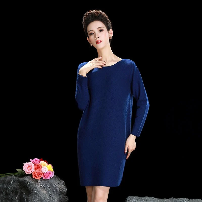 Vestido midi de punto de cachemira para mujer Vestido de cachemira de manga larga con cuello barco - Imagen 4