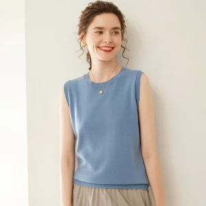 Suéter de cachemira con cuello redondo para mujer Chaleco de cachemira Top de punto sin mangas