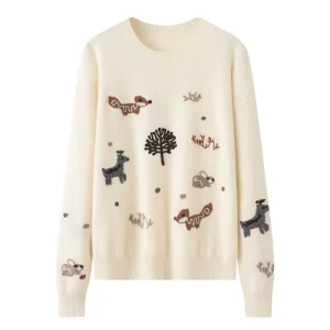 Suéter de cachemira con intarsia de animales del bosque y cuello redondo para mujer