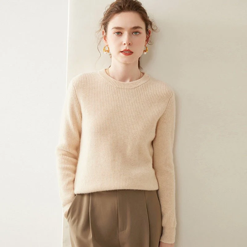 Womens Crew Neck Cashmere Sweater Ribbed Texture Cashmere Pullover - Imagen 8