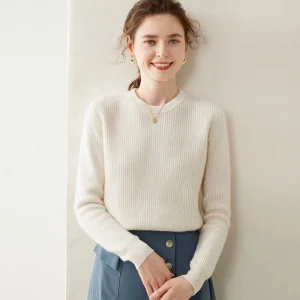 Womens Crew Neck Cashmere Sweater Ribbed Texture Cashmere Pullover