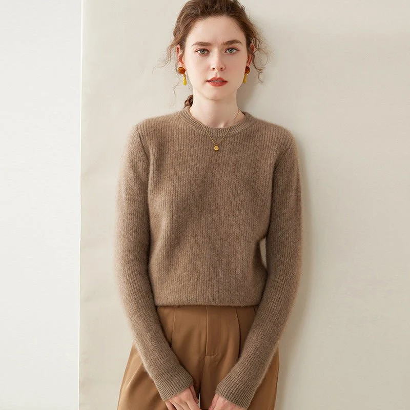 Womens Crew Neck Cashmere Sweater Ribbed Texture Cashmere Pullover - Imagen 5