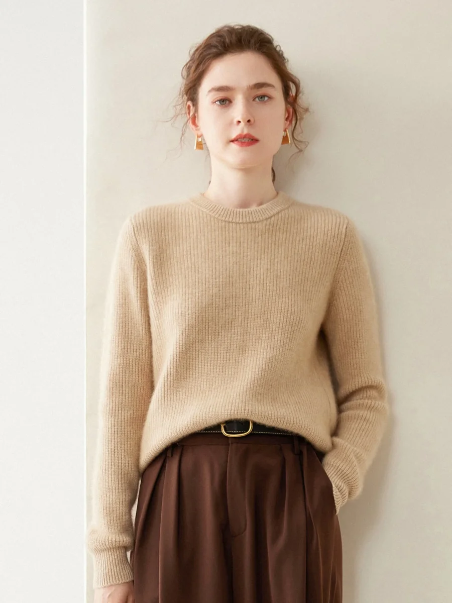 Womens Crew Neck Cashmere Sweater Ribbed Texture Cashmere Pullover - Imagen 9