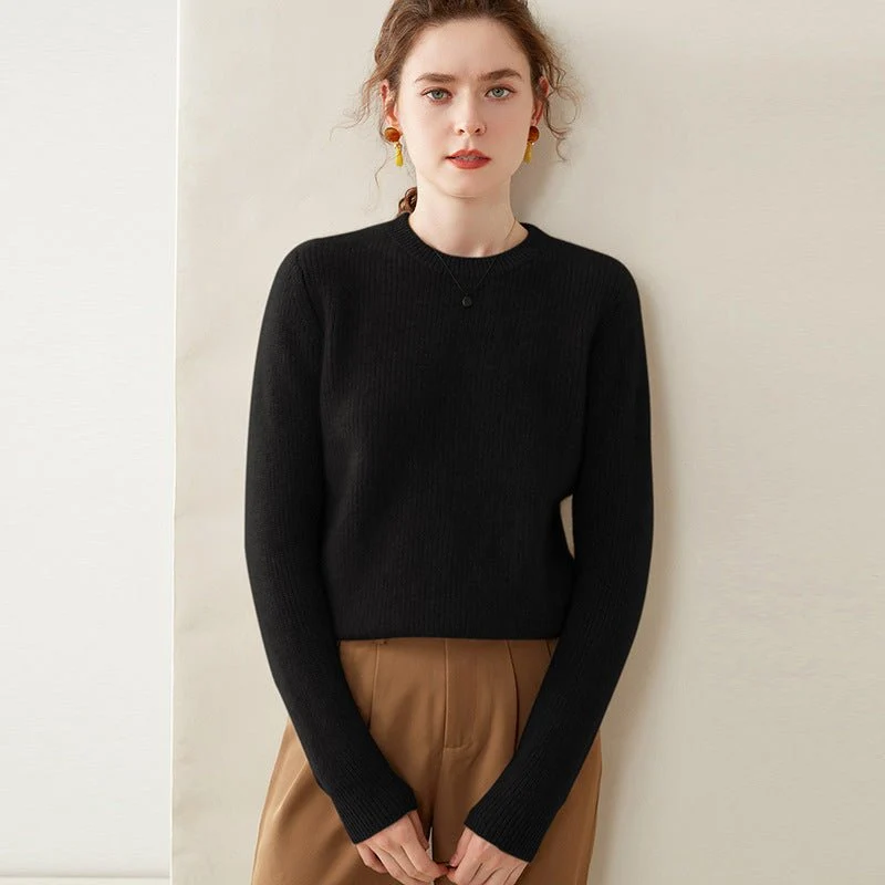 Womens Crew Neck Cashmere Sweater Ribbed Texture Cashmere Pullover - Imagen 6