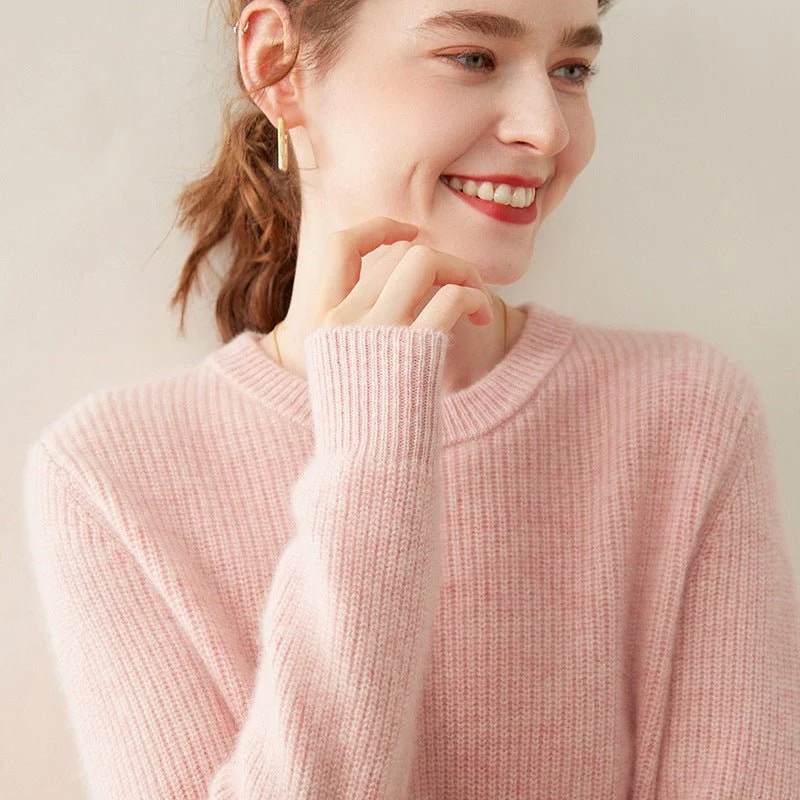 Womens Crew Neck Cashmere Sweater Ribbed Texture Cashmere Pullover - Imagen 4