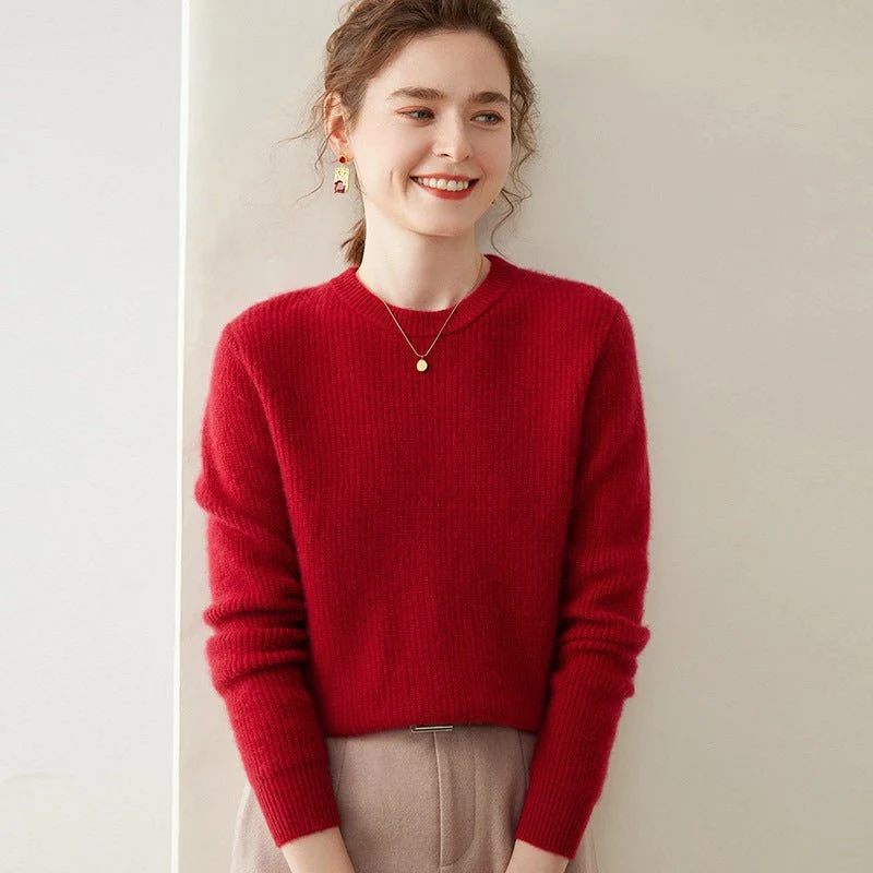 Womens Crew Neck Cashmere Sweater Ribbed Texture Cashmere Pullover - Imagen 7