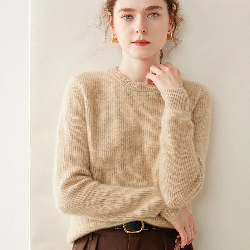Womens Crew Neck Cashmere Sweater Ribbed Texture Cashmere Pullover - Imagen 3