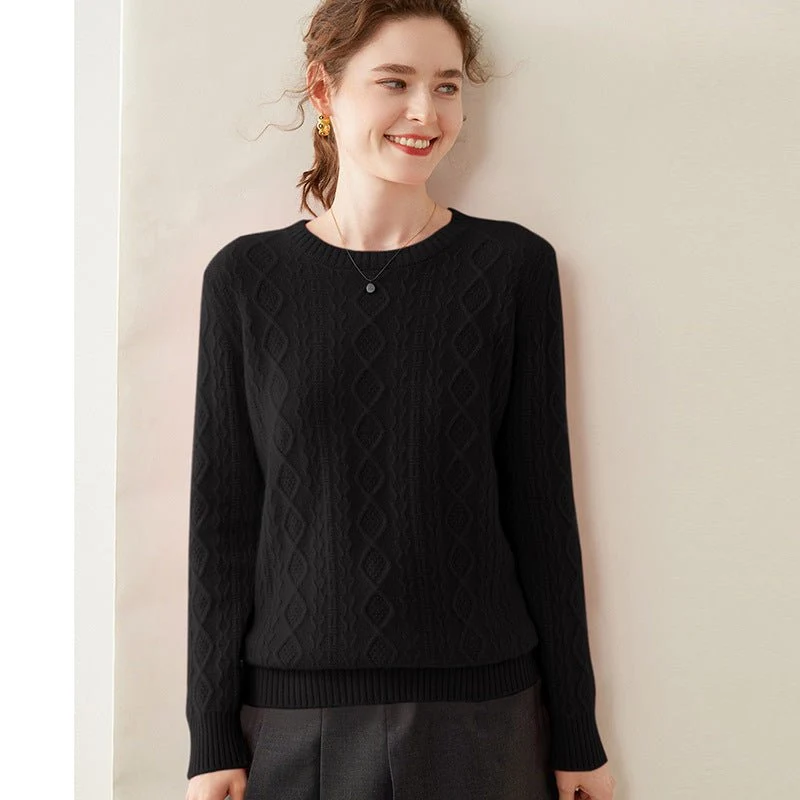 Womens Diamond Knit Cashmere Sweater Long Sleeve Crew Neck Cashmere Pullover - Imagen 5