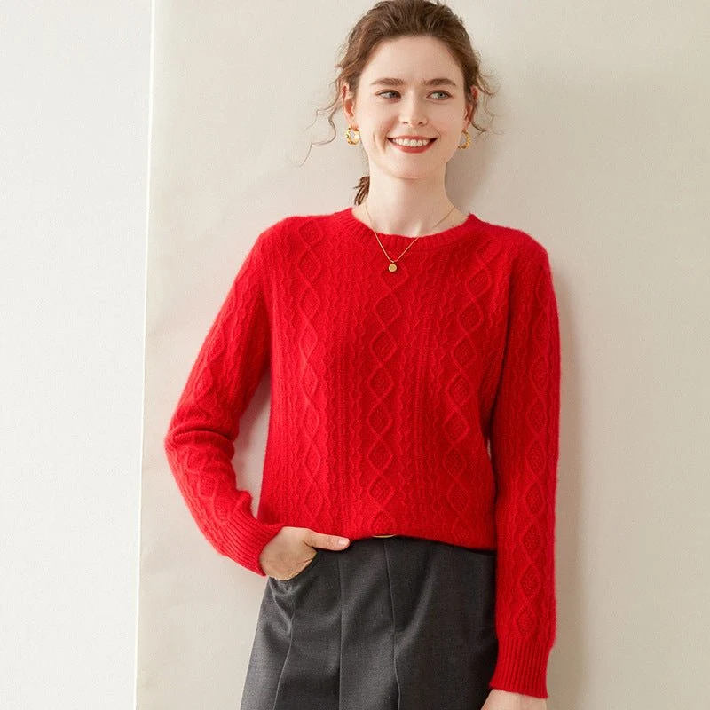 Womens Diamond Knit Cashmere Sweater Long Sleeve Crew Neck Cashmere Pullover - Imagen 7