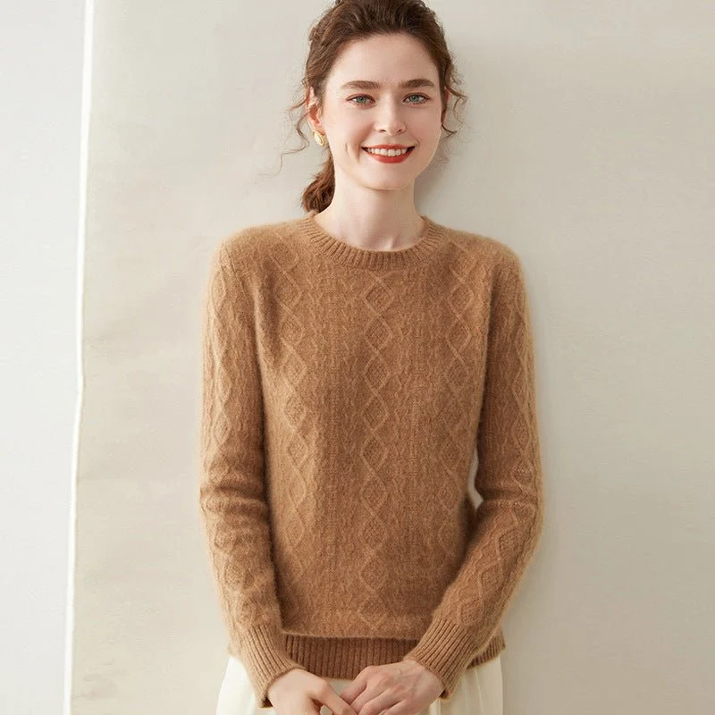 Womens Diamond Knit Cashmere Sweater Long Sleeve Crew Neck Cashmere Pullover - Imagen 9