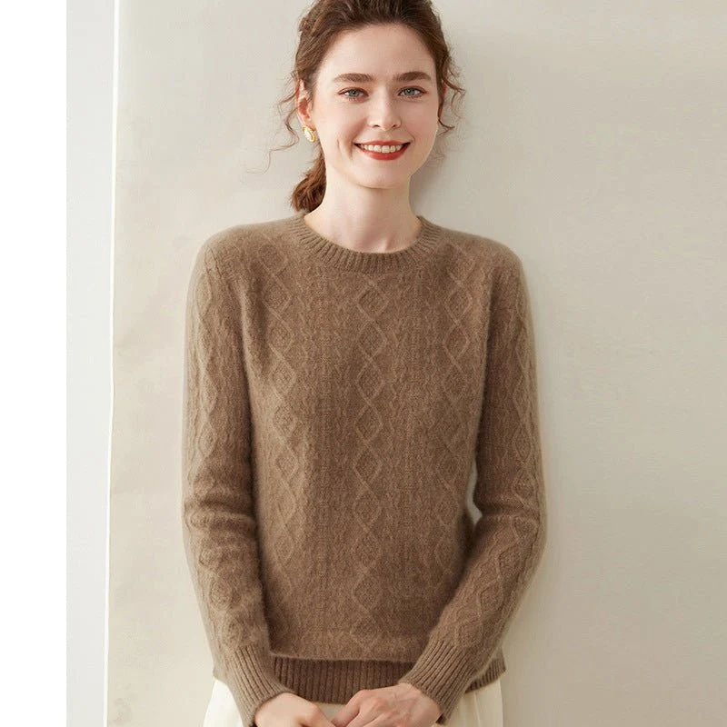 Womens Diamond Knit Cashmere Sweater Long Sleeve Crew Neck Cashmere Pullover - Imagen 6