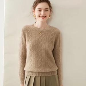 Womens Diamond Knit Cashmere Sweater Long Sleeve Crew Neck Cashmere Pullover