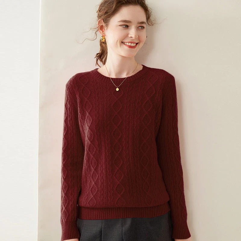 Womens Diamond Knit Cashmere Sweater Long Sleeve Crew Neck Cashmere Pullover - Imagen 8