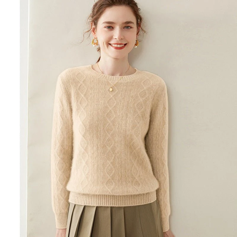 Womens Diamond Knit Cashmere Sweater Long Sleeve Crew Neck Cashmere Pullover - Imagen 4