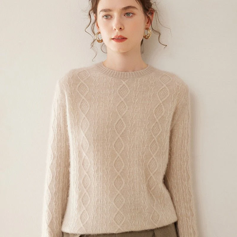 Womens Diamond Knit Cashmere Sweater Long Sleeve Crew Neck Cashmere Pullover - Imagen 3