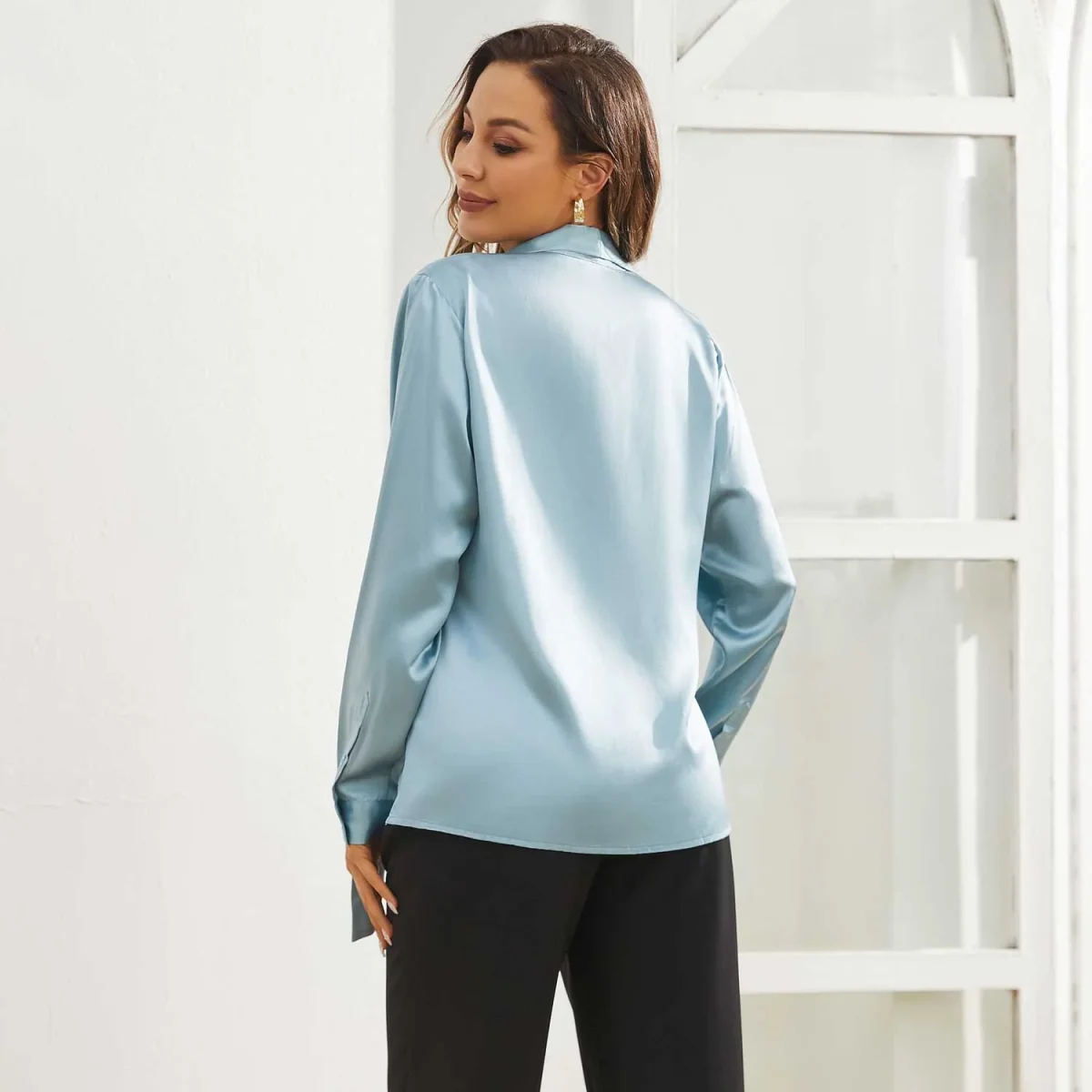 Blusa de seda para mujer camisas de seda de la cola de lazo de la manga larga - Imagen 9