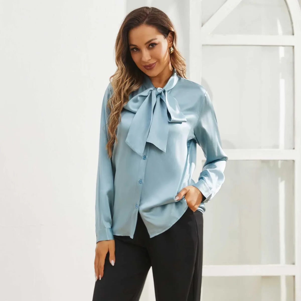 Blusa de seda para mujer camisas de seda de la cola de lazo de la manga larga - Imagen 6